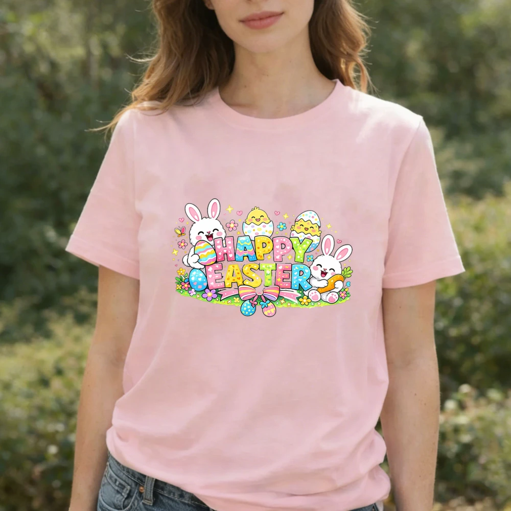 Pastel Happy Easter Lovely Cartoon T-Shirt Adorable Bunnies Chicks with Easter Eggs Graphic Breathable Cotton Casual Streetwear