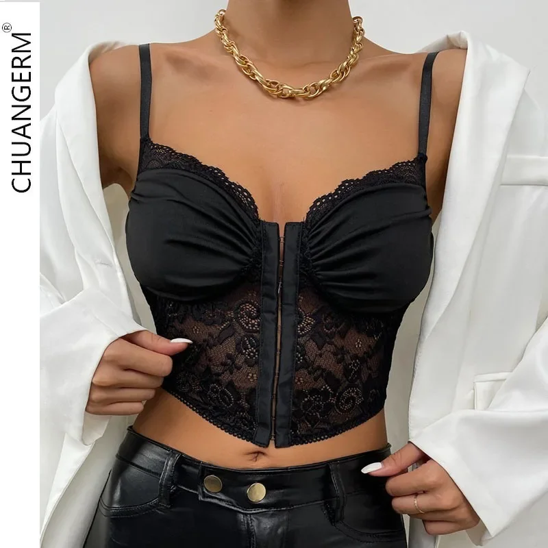 CHUANGERM Sexy Lace Corset Sweetheart Pleated Cropped Sleeveless Tank Tops Strap Slim-Fit Camisole Summer Ladies Crop Top Corset