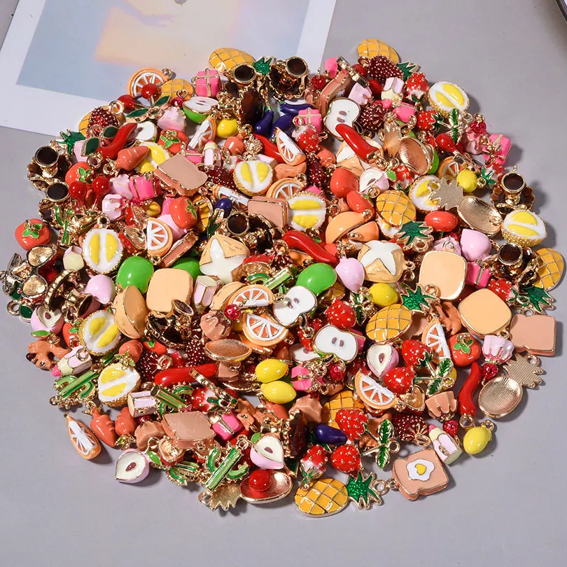 9pcs Enamel Metal Charms Chilli Pear Gift Fruit Vegatable Bread Food Beads Pendant For DIY Necklace Keychain Jewelry Accessories