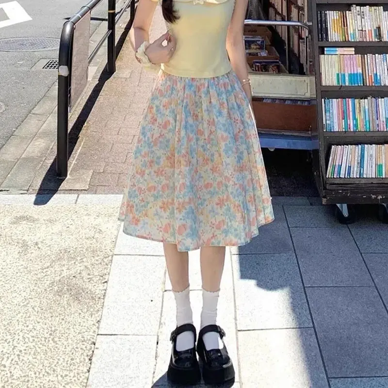 Vintage Oil Painting Printing Knee Skirts Female Clothing Elastic A-line Spring Summer High Waist Broken Flowers Elegant Skirts