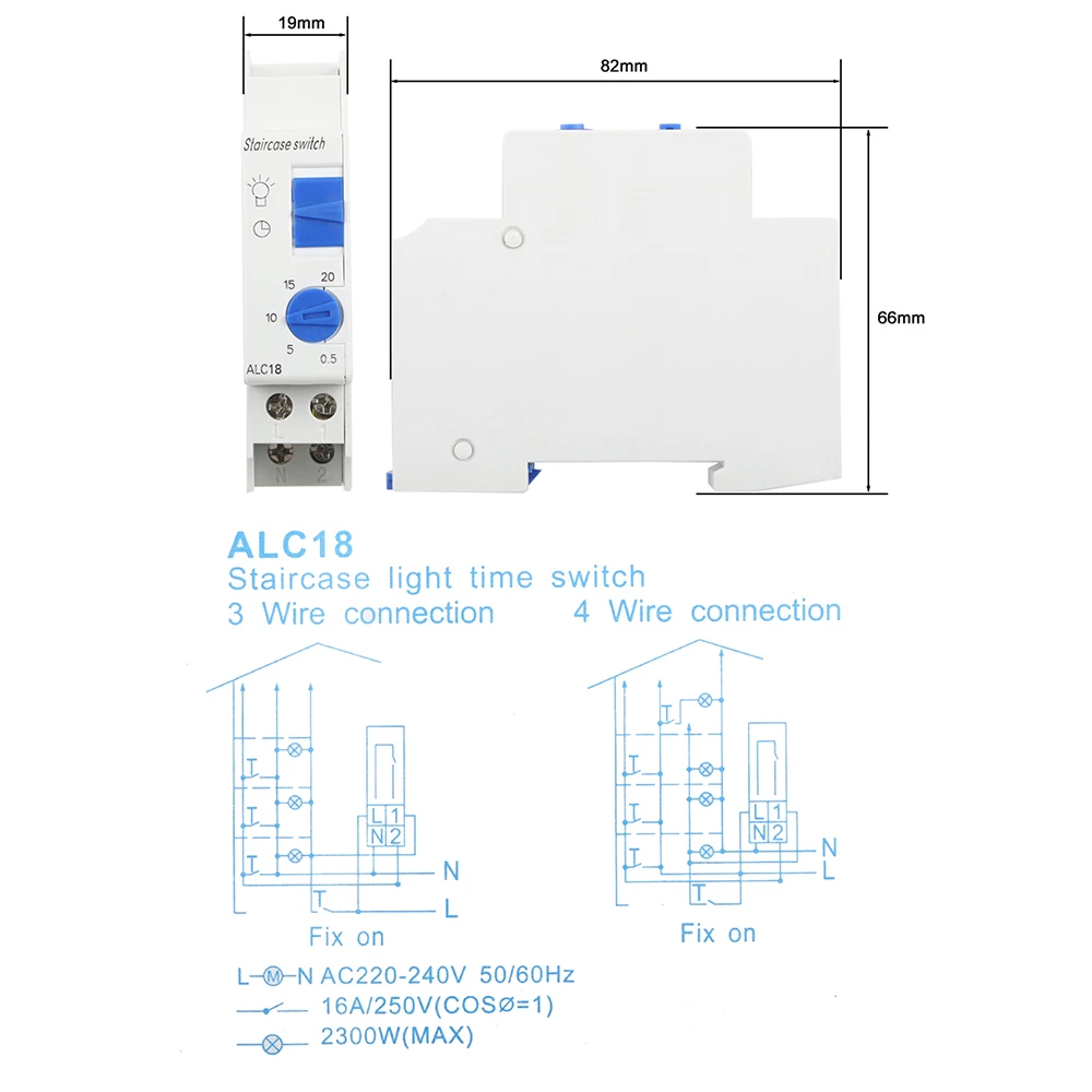 DIN Rail Timer Switch for Staircase Lighting Controller ALST8 1-7 minutes ALC18 1-20 Minutes Interval 18mm Single Module