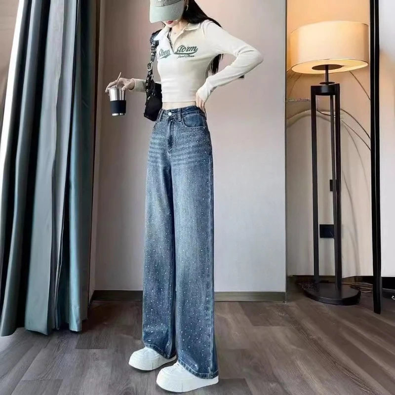 Sparkle Rhinestone Wide Leg Jeans High Waist Loose Straight Denim Pants, Designer High Street Baggy Trousers for Trendy Ladies
