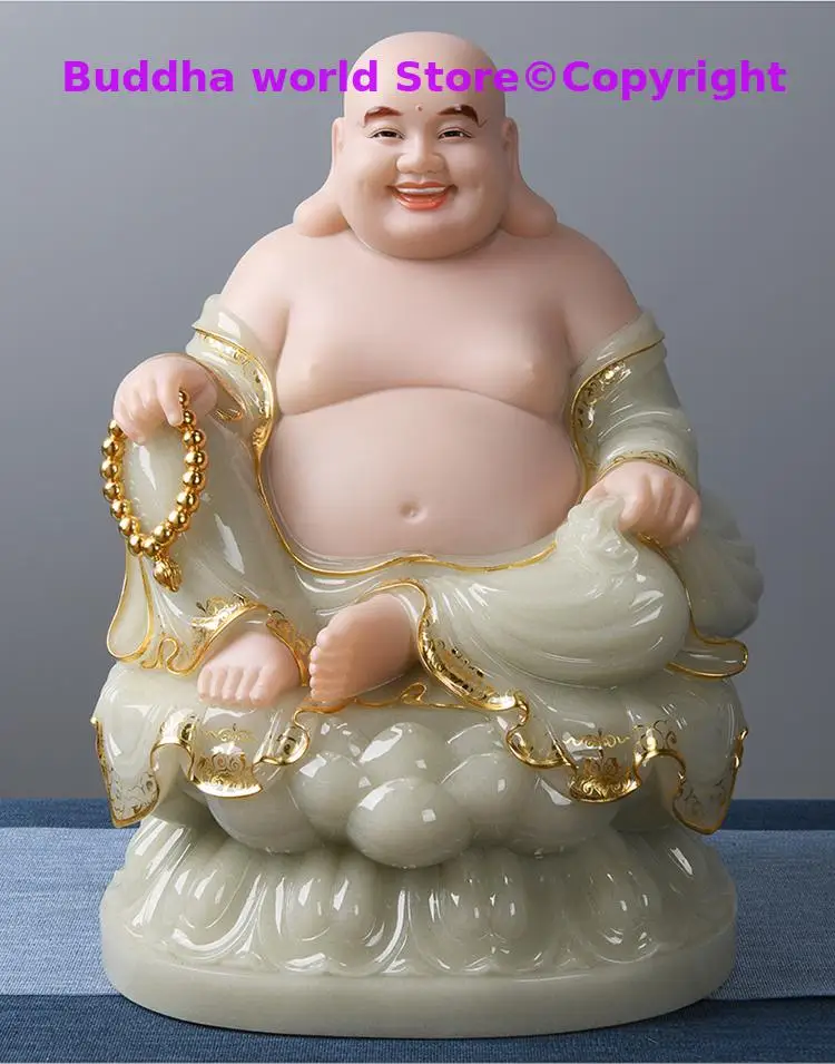 High grade jade Buddha statue Asia HOME Shrine Worship Maitreya God of wealth buddha God Prosperity GOOD LUCK FENG SHUI statue