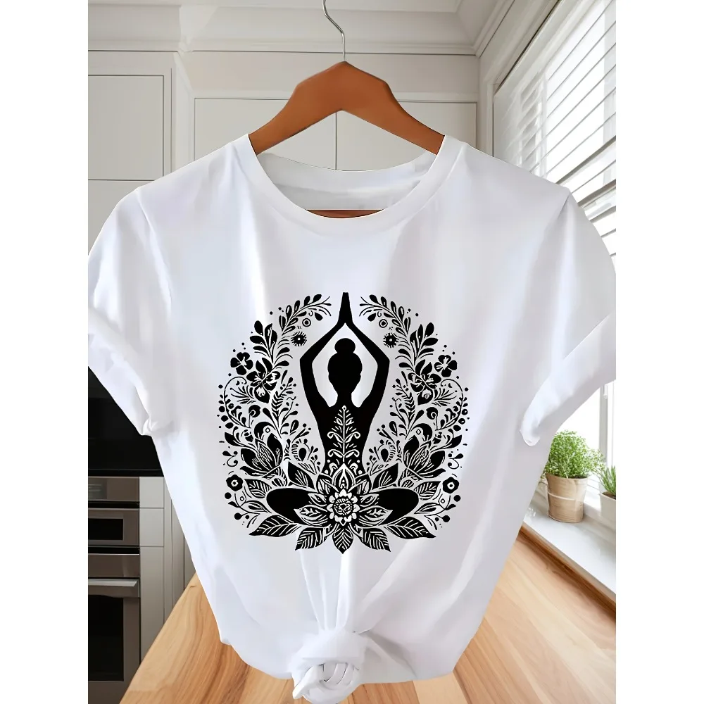 Lotus Mandala Printed Short-Sleeve T-Shirt Bohemian Ethnic Design Comfortable Round-Neck Casual Top Retro Style Shirt Classic