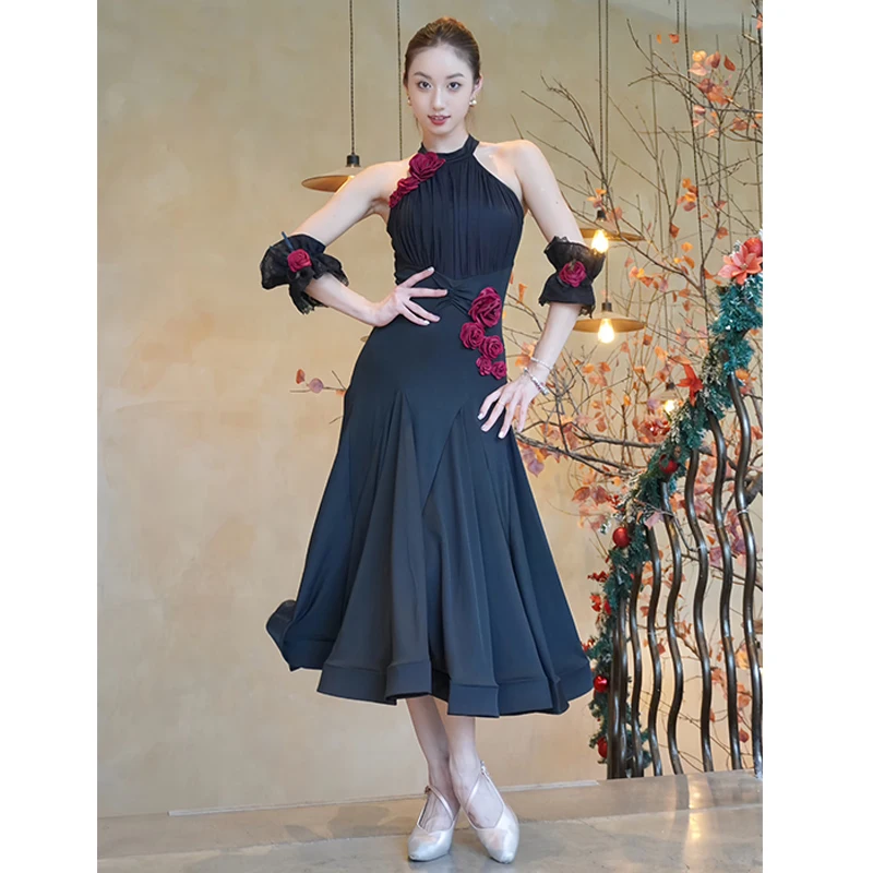 2024 Ballroom Dance Dress Women Flower White Black Practice Clothes Waltz Dance Performance Wear Group Competition Dress BL13437