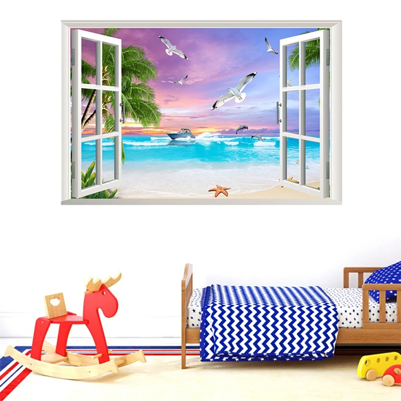 Sunrise Sea View Mural 3D Wall Art Beach Palm Trees Vinyl Fake Window Scenery Stickers Home Decorations Seabird Poster Wallpaper