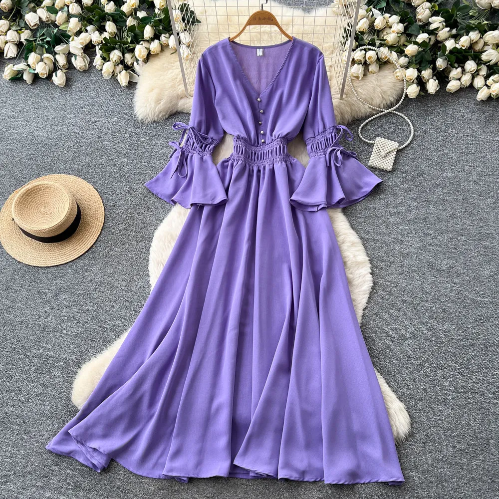 

Women Dresses Long Dress A Line Vestidos Y2k Streetwear V Neck Lantern Sleeve Elegant Splice Party Night Work High Waist 2026