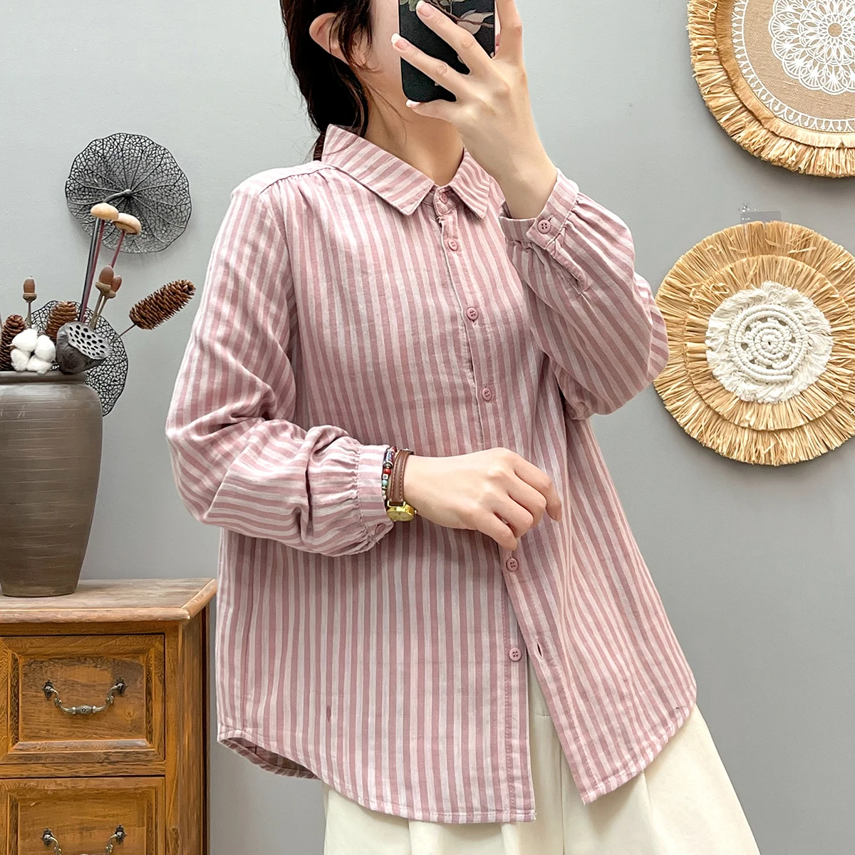 New Spring Cotton Yarn Casual Long Sleeve Shirt Women Lapel Striped Top Girl Loose Fashion Retro Blouses 2024 Summer T45856QM