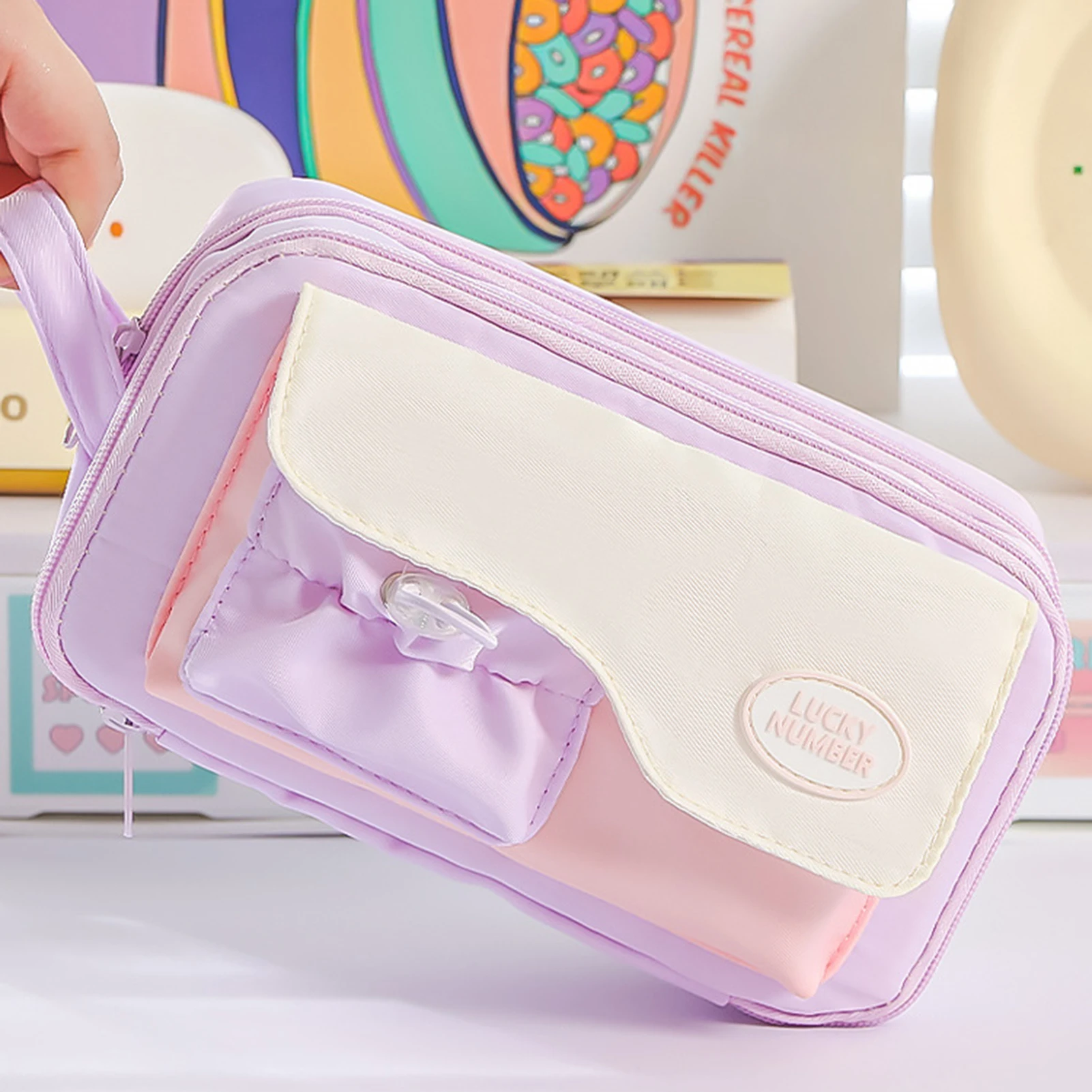 منظم قرطاسية ملون معكرون على الطراز الياباني، مقصورات متعددة صغيرة طازجة، مقلمة ذات سعة كبيرة، حقيبة أقلام محمولة