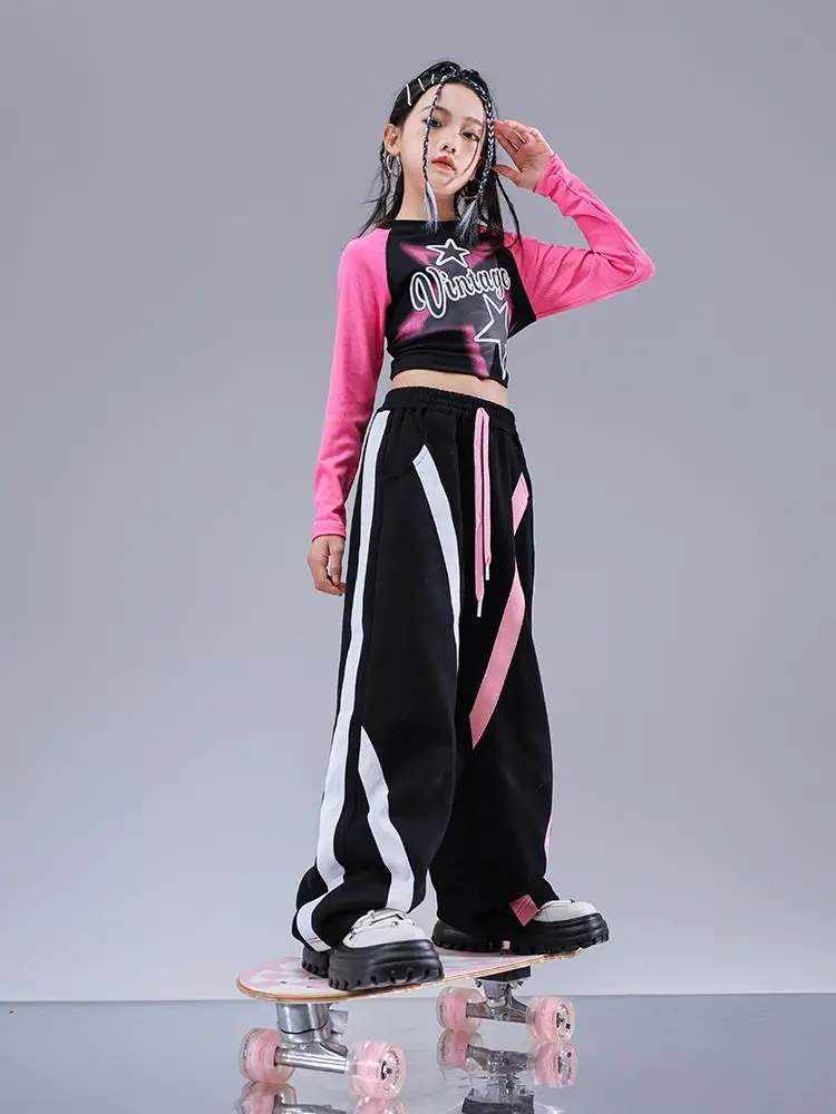 Boys Hip Hop Fashion Sweatshirt Contrast Loose Pants Girls Crop Top Streetwear Child Street Dance Clothes Sets Kids Jazz Costume