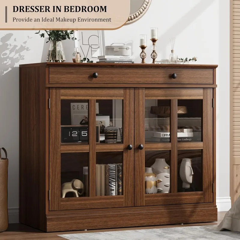 Aparadores buffet de 35,4" con puerta de vidrio, mueble buffet con almacenamiento, aparador de nogal con cajón, M