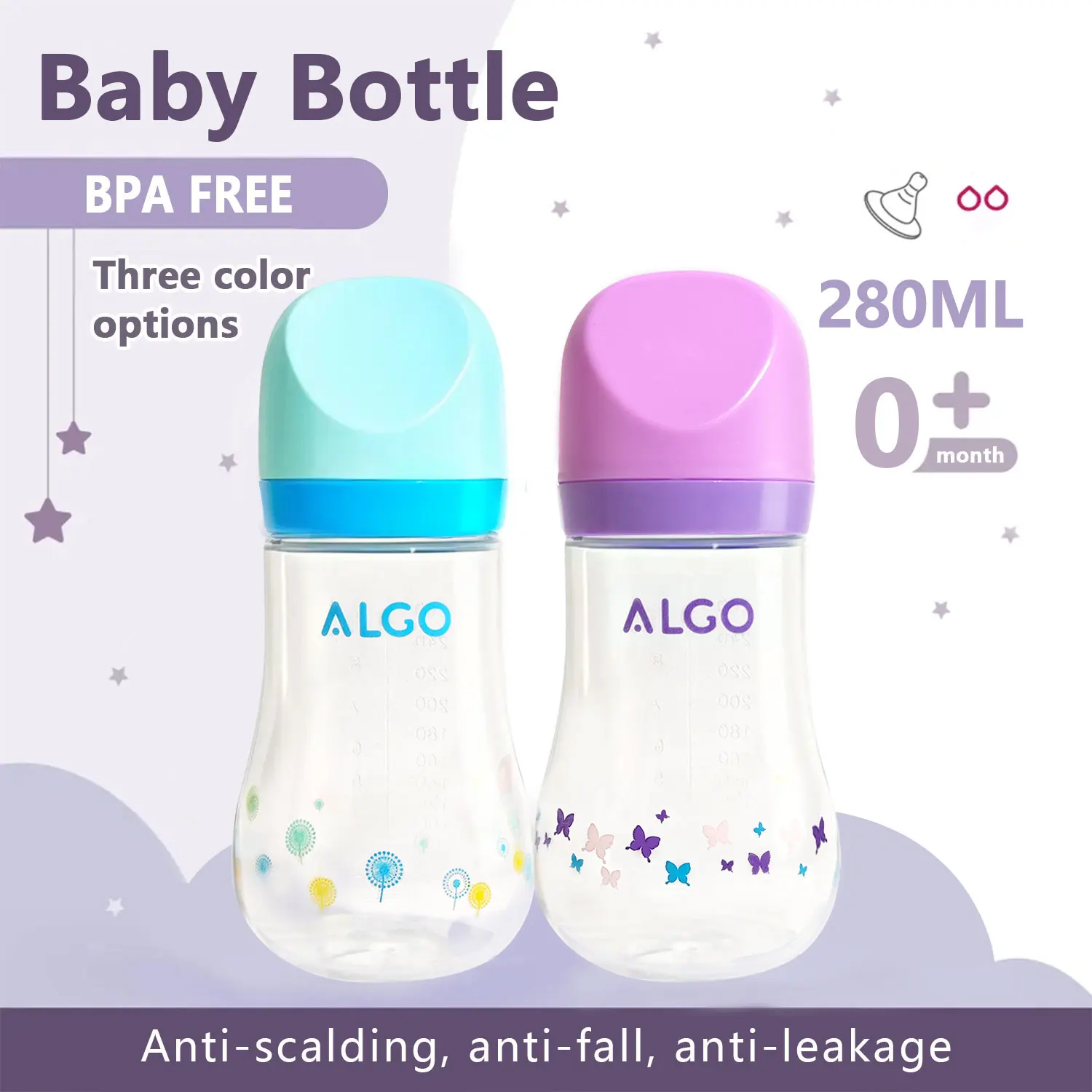 Botol Bayi Bahan PP 280Ml, Desain Diameter Besar Melengkung, Tahan Guncangan, Dapat Digunakan Bayi Baru Lahir 0-6 Bulan, Tersedia Tiga Warna