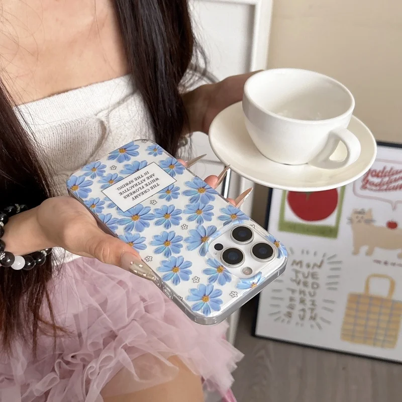 Ins الأزرق ديزي زهرة ثنائي الطبقة IMD جراب هاتف آيفون 16 برو ماكس 15 برو 14/13 13 برو لينة غطاء كامل شل حماية الجسم #3