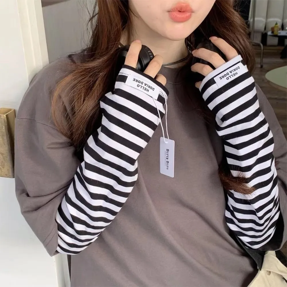 Y2k Color Strip Ice Arm Sleeve Long Loose Sunblock Sleeve Harajuku Stripe Anti-sunburn UV Protection Arm Gloves Women Girls
