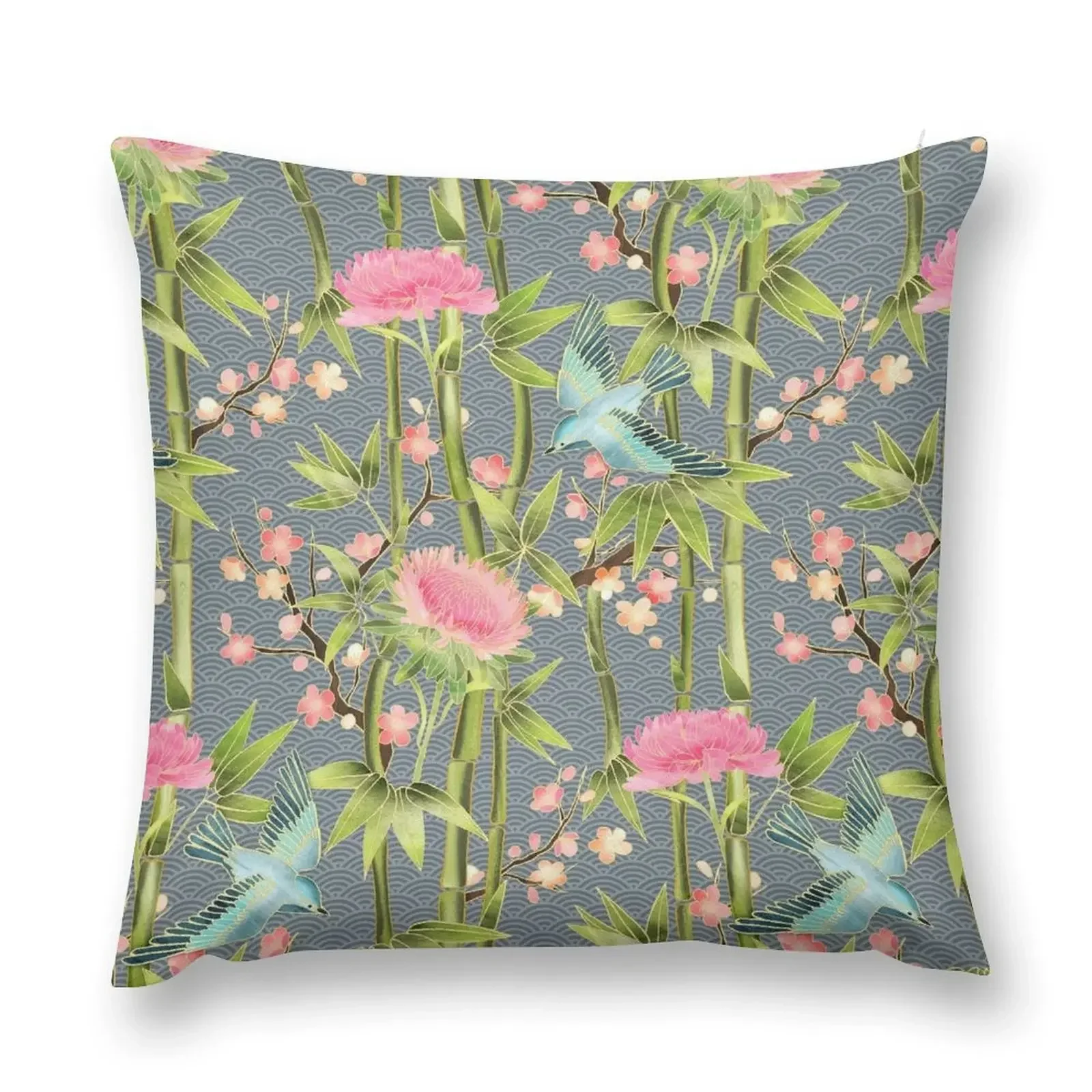 

Bamboo, Birds and Blossom - grey Throw Pillow Pillow Cases Decorative pillow pillowcase bed pillows