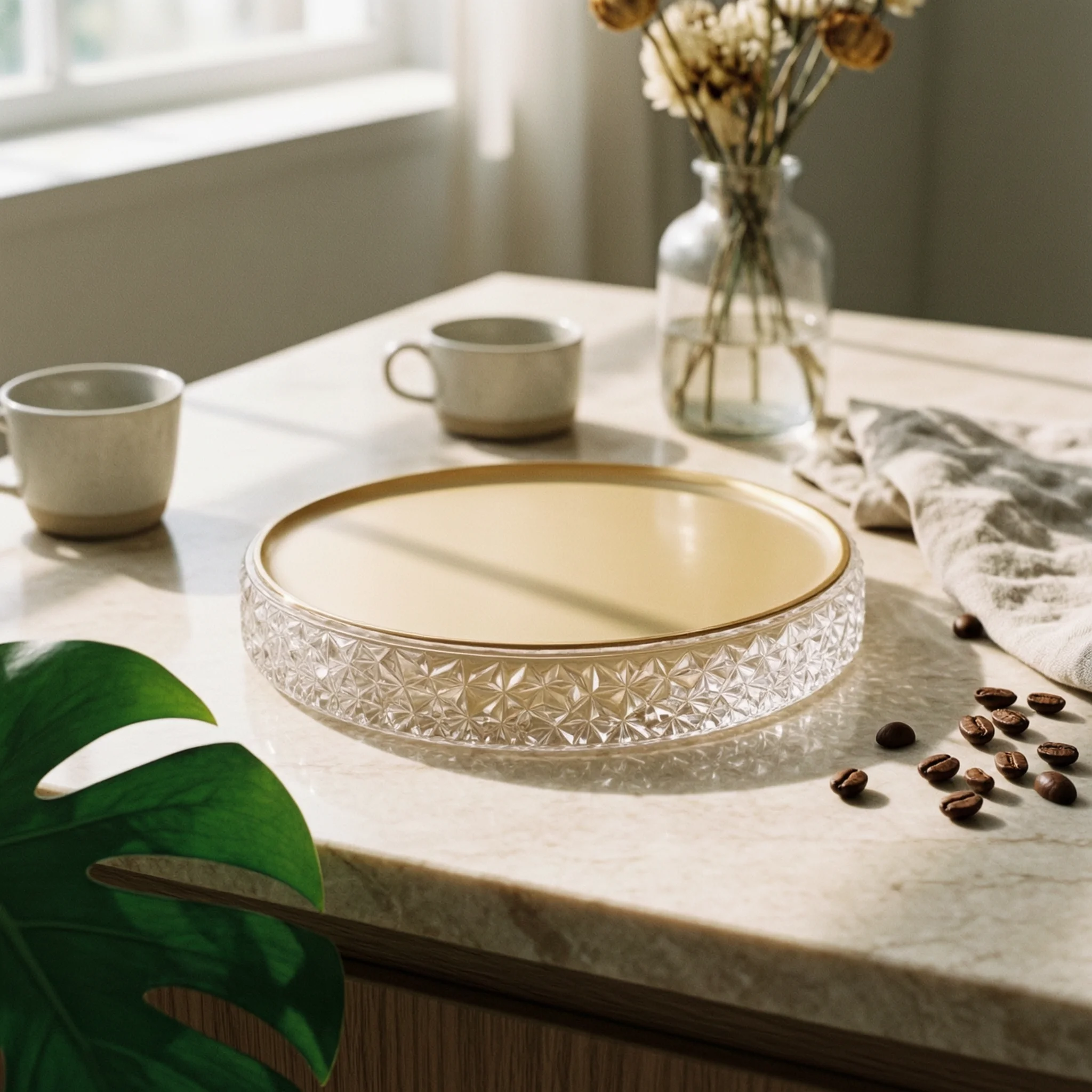 Round Tray with Mirrored Top Geometric Mirrored Tray Shallow Dish Decorative Luxurious for Tabletop, Coffee Table