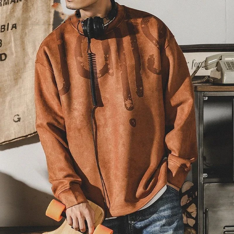 

Винтажные осенние толстовки больших размеров в американском стиле, мужские замшевые толстовки с круглым вырезом и принтом, модные трендовые свободные топы с длинными рукавами High Street