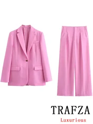 TRAFZA Vintage Chic Solid Women Suit Single Breasted Pockets Slim Blazer Straight Loose Pants New Fashion 2024 Office Lady Sets