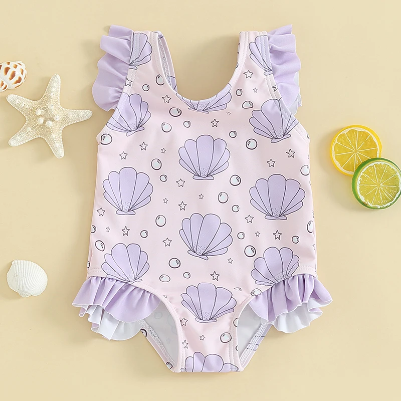 Infant Toddler Baby Girl Swimsuit Sleeveless Shell Star Print Frill Trim Bathing Suit Summer Beach Wear