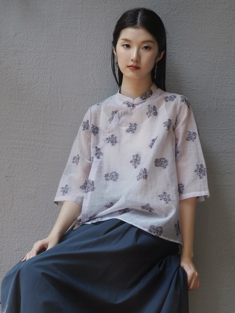 

Летняя китайская блузка из легкого хлопка с вышивкой в винтажном стиле, с изображением национального флага, тонкая хлопковая рубашка для чаепития