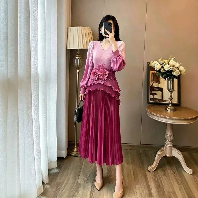Autumn New Pleated 2026 Dress Set Gradient V-Neck Lantern Sleeve Lace Flower Waist Accessory + Ruffled Pleated Two-Piece Set