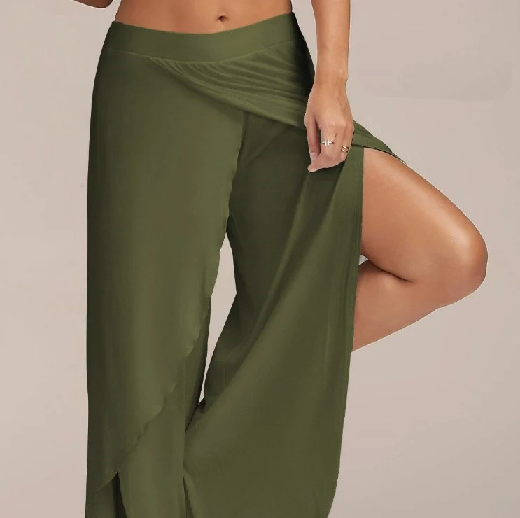 Frauen Plus Größe Breite Bein Hosen Lose Fitness Dance Yoga Split Hosen Weibliche Elastische Taille Lässige Workout Solide Sommer Kleidung – Detail 10