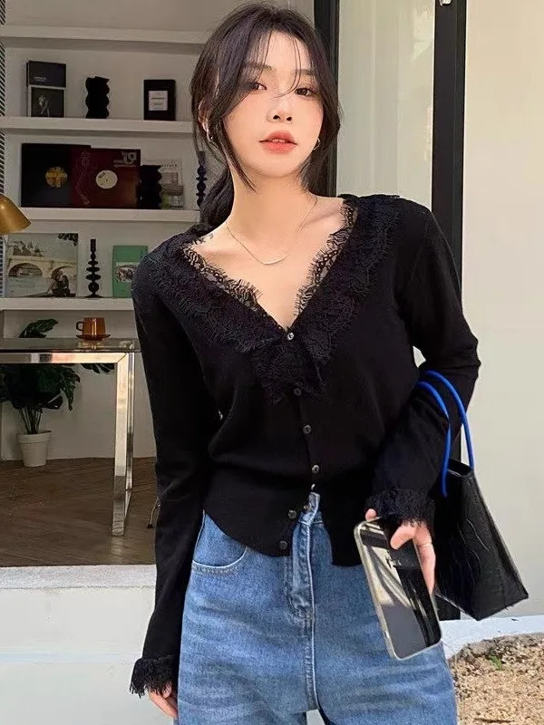 

Ele Lace Trim V-Ne Knitted Open Cardigan Women's Autumn Winter Soft Sle Beautiful Sweater Base irt Versatile Casual...