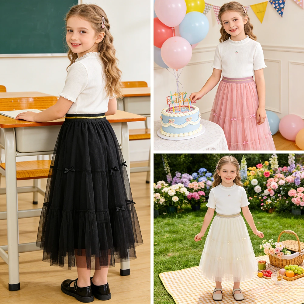 Girls Layered Tulle Skirt Bow Decor Princess Mesh Skirt Kids Wedding Birthday Party Holiday School Casual Bottoms 3-12 Years