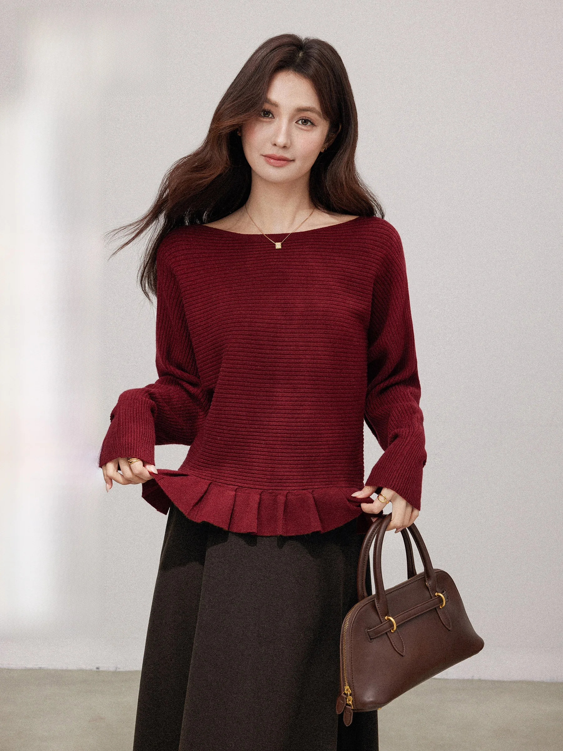 

Red Knitted Sweater Women's Autumn Winter Unique Beautiful Belted Waist Slimming Top Casual Sle Medium Softn Long Sve