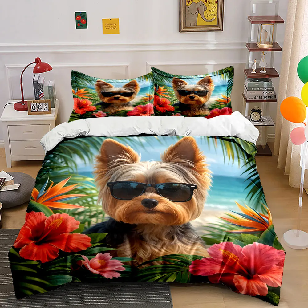 Stylish dog in tropical blooms Print Bedding set 3PC 1 duvet cover 2 pillowcases adult and children bedding set Luxury