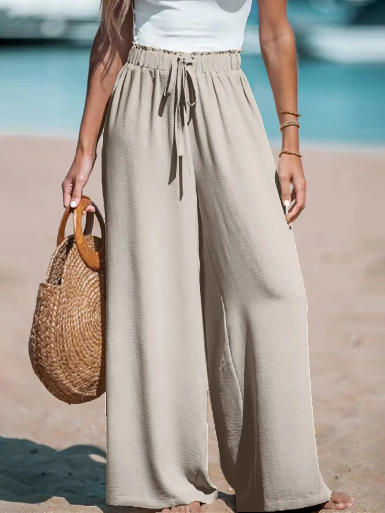 2025 Cross border Women's Four Seasons Wide Leg Loose Drawstring Casual Fashion Pants Commuting Office Beach Comfort Trousers