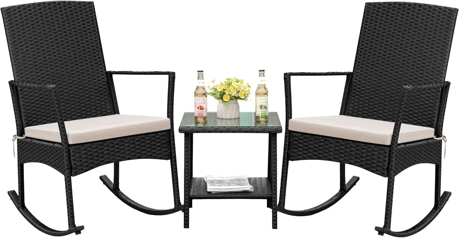 Rocking Chair Outdoor PE Rattan Patio Chairs with Glass Table High Back Porch Rocker for Balcony, Garden, Backyard (Beige)