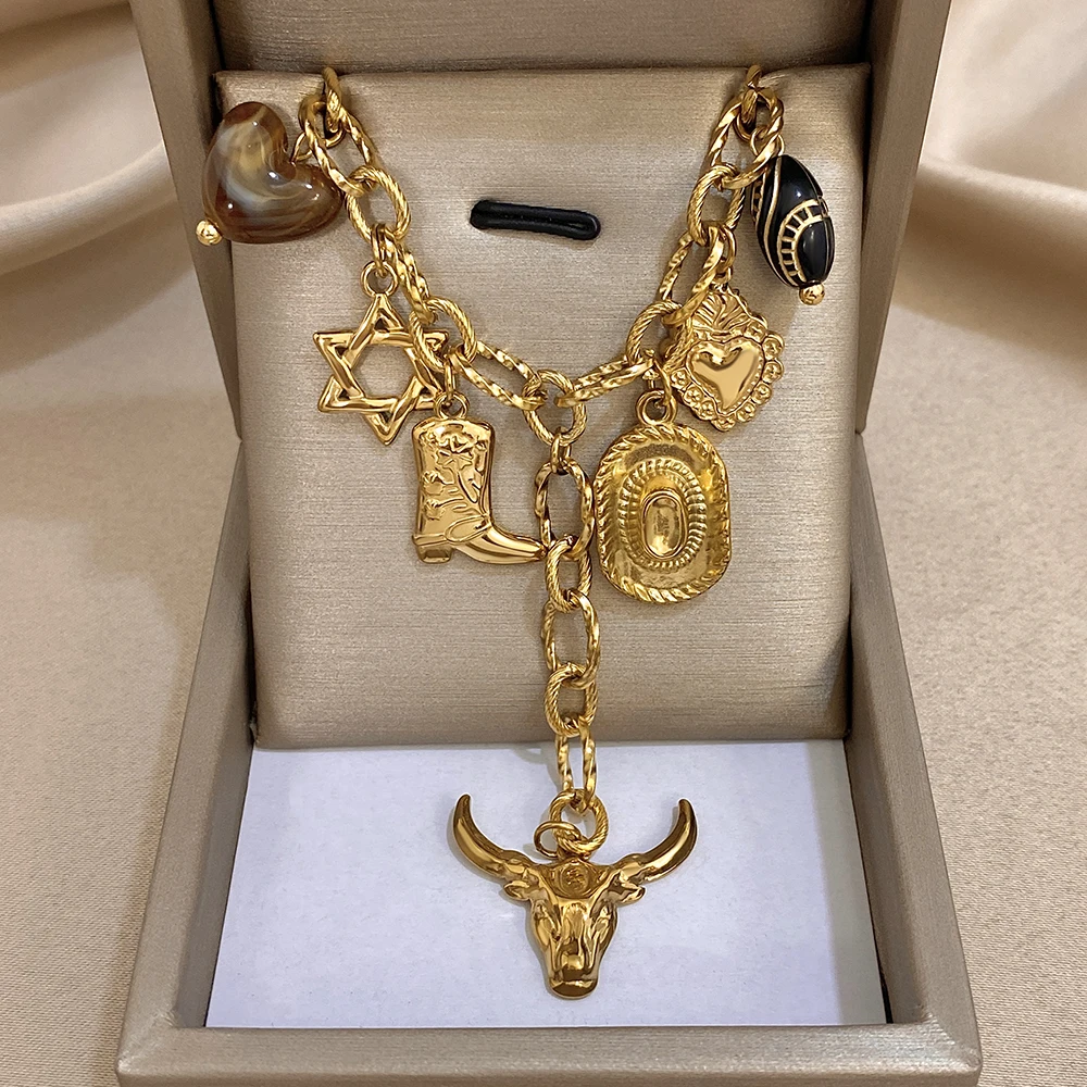 New Chunky Stainless Steel Heart Cowboy Hat Boots Charm Necklace Cattle Head Pendant Statement Gold Color Fashion Jewelry Gift