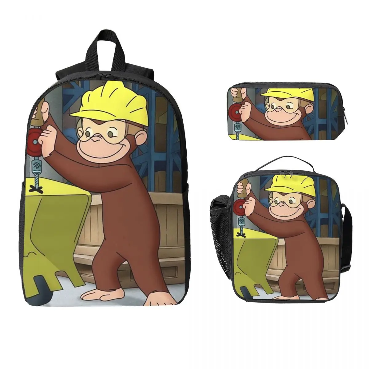 Anime Curious George Monkey Backpack Student BookBag School Bag Laptop Shoulder Bags 3ps Insulated Lunch Bag Pencil Case
