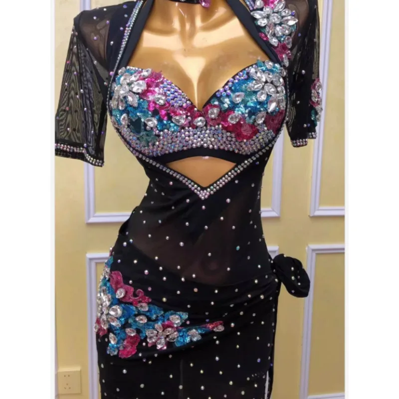 Personalizado novo traje de dança do ventre malha preta quente diamante desempenho vestido disfraces adultos dança exótica