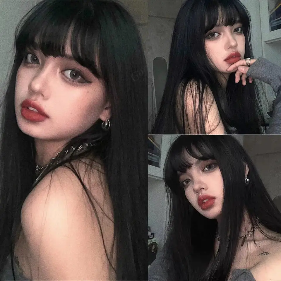 28in Long Black Straight Wig with Air Bangs for Women Heat Resistant Elegant Fashion Synthetic Wig for Daily Wear and Cosplay