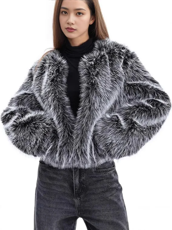 Ladies Luxury Fluffy Faux Fur Short Coat Lapel Open Front Cropped Winter Furry Outerwear