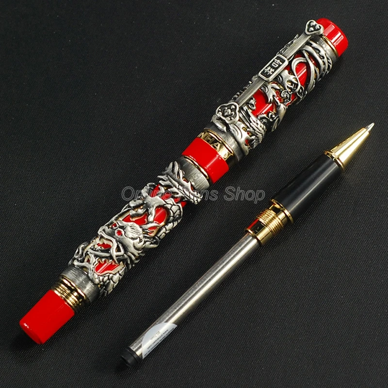 

Jinhao Business Dragon & Phoenix Roller Ball Pen Metal Carving Embossing Heavy Pen Gray & Red For Writing Ink Pen JR002