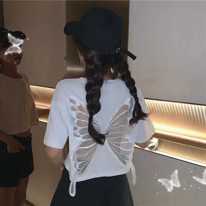 DAYIFUN-Women's Cotton Short Sleeved T-shirts Butterfly Hollow Open Back Design Tshirts New Loose Tops Long Tees Summer T-shirt