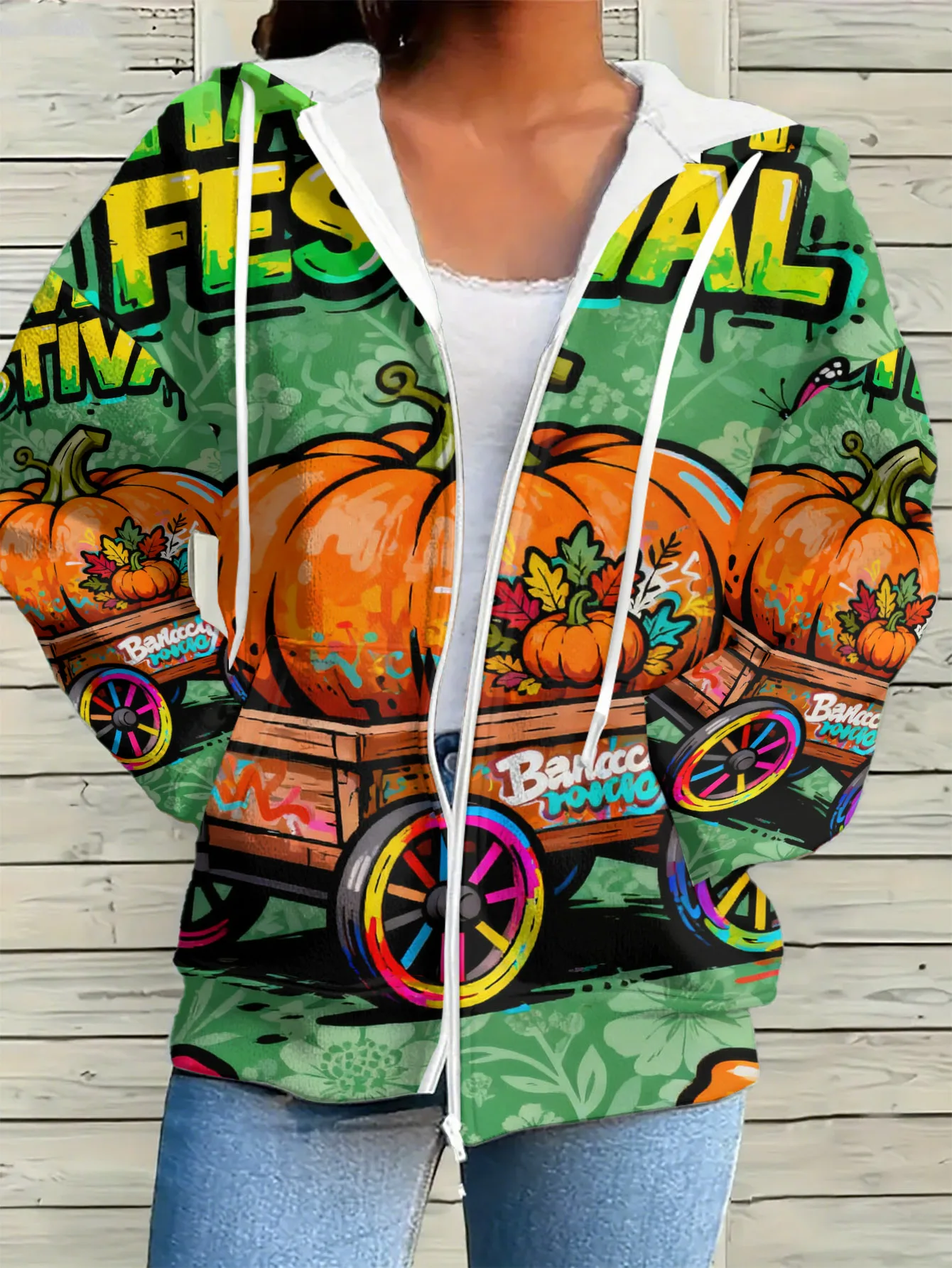 Carrello di zucca con stampa completa 3D del Ringraziamento e graffiti floreali, elegante felpa con cappuccio con cerniera per la celebrazione autunnale del Ringraziamento