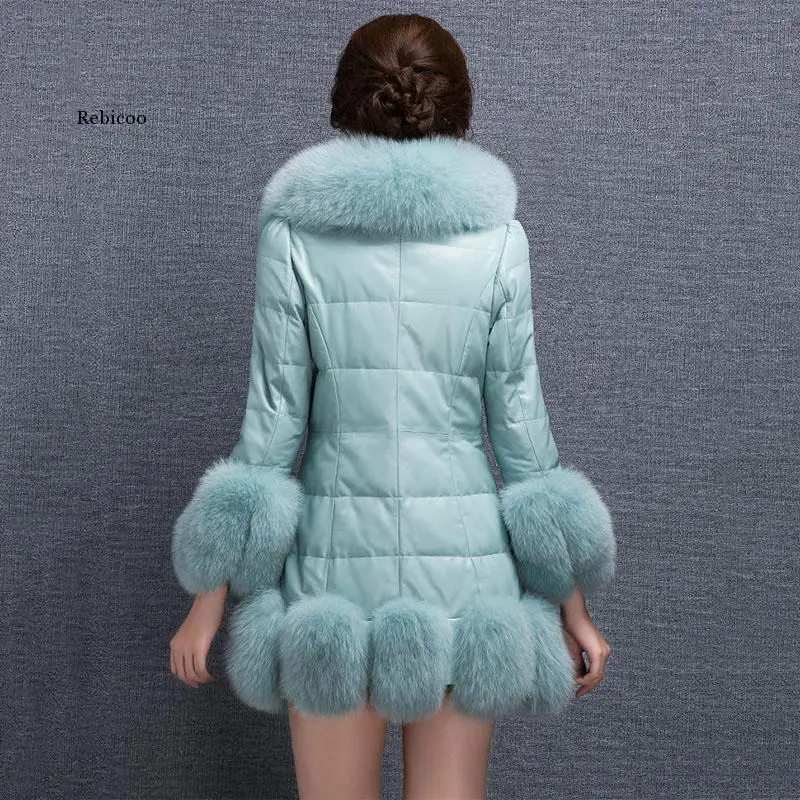 Hoge Kwaliteit Jacket Faux Fox Bontkraag Schapenvacht Lederen Jas Vrouwen Rok Jas 90% Witte Ganzendons Vrouwen Jas Winter