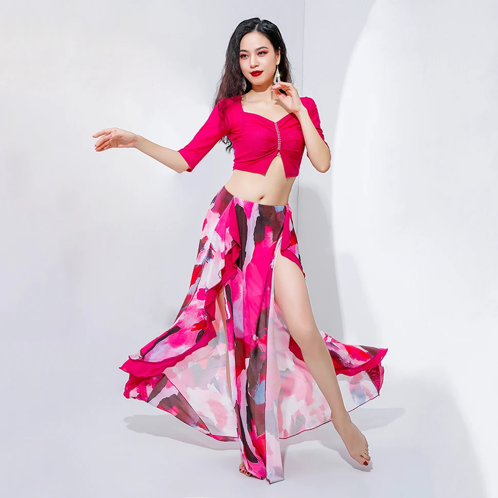 Elegant Belly Dance Clothes 2 Pieces Colored Costume Set Tie-dyed Ruffle Skirt Group Class Wear Practice Suit for Belly Dancer