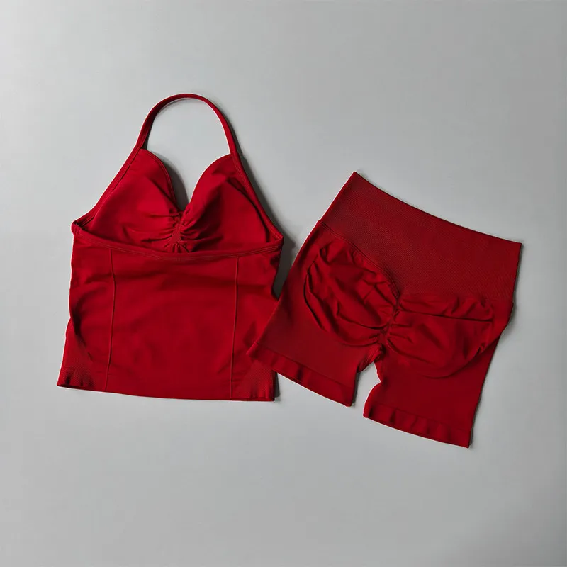 

Бесшовный комплект для фитнеса из двух предметов: высокоэластичный вязаный спортивный топ и шорты для йоги с высокой талией и эффектом подтяжки ягодиц для женщин