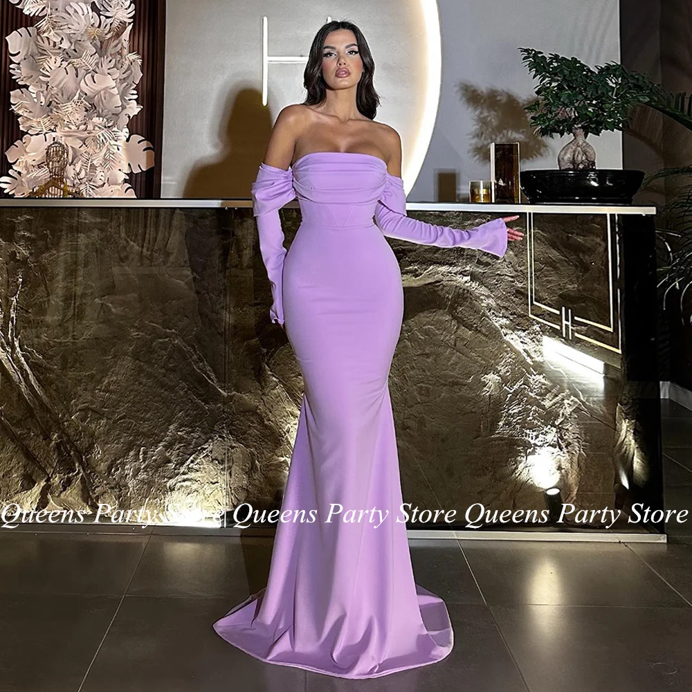 

Lilac Mermaid Evening Dress Strapless Long Sleeve Pleat Sweep Train Vestido De Noche High Quality Formal Prom Gown Party Dresses