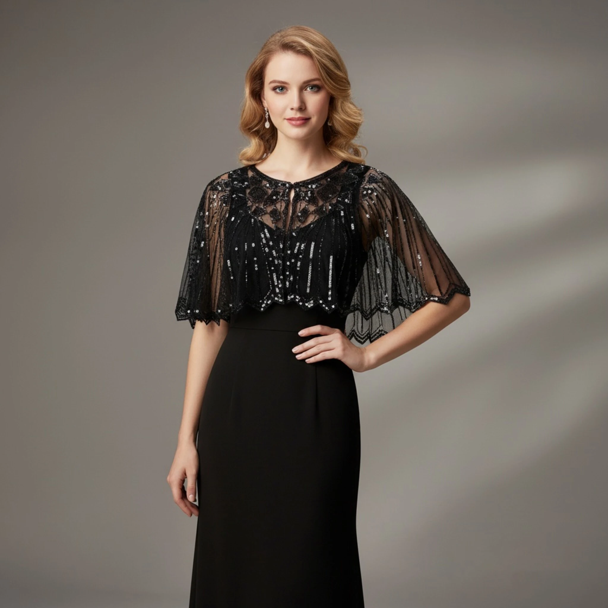 Women Sequin Beaded Tulle Cape Shawl Vintage Sheer Mesh Shoulder Cover Up Evening Party Wedding Prom Bolero Capelet Formal Dress