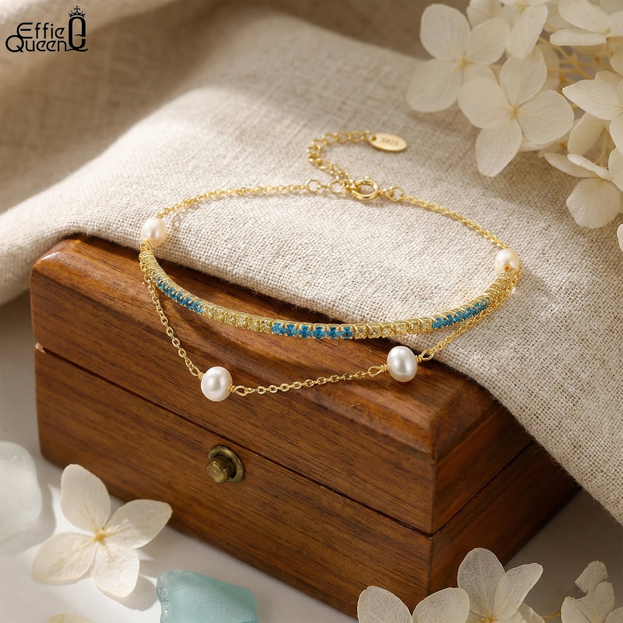 

EFFIE QUEEN, натуральное серебро 925 пробы, золото 14 карат, круглый цирконий и жемчуг, теннисный браслет-цепочка, натуральные украшения для женщин GPB26