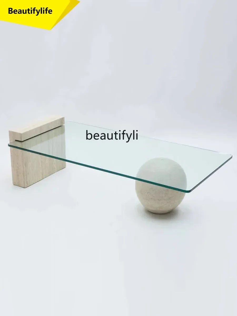 Q181 Minimalist natural travertine, coffee table designer model room, transparent tempered glass, low coffee table