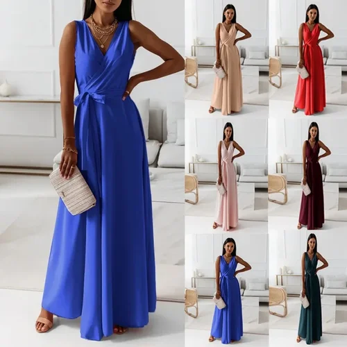 2025, novedad de verano, vestido de moda para mujer, vestido de noche largo con cuello en V y lazo para mujer, vestido de fiesta de Gala