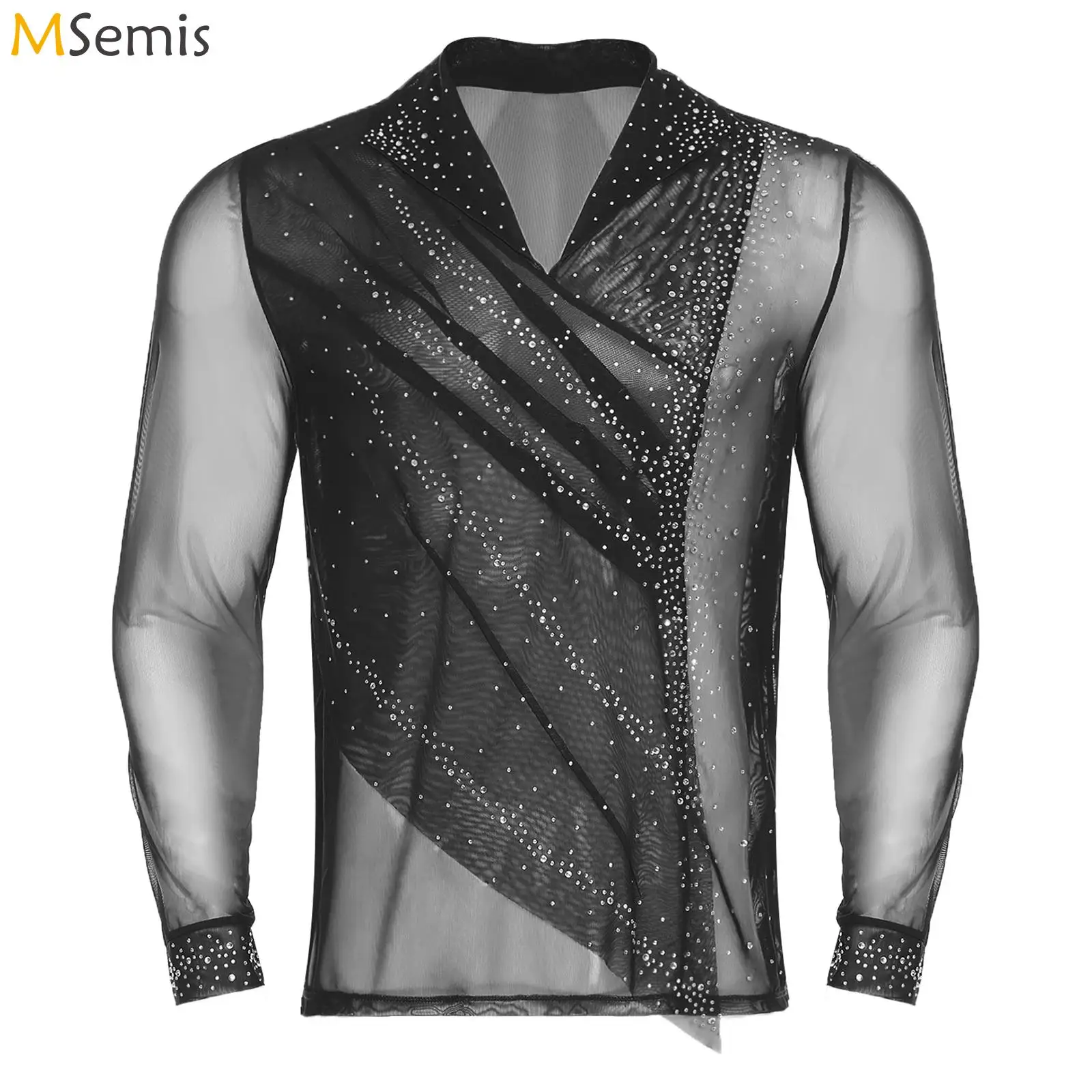 Camisa masculina de tango rumba chacha, camisa de dança latina, ginástica rítmica, manga longa, sobreposição de babados, performance de patinação artística