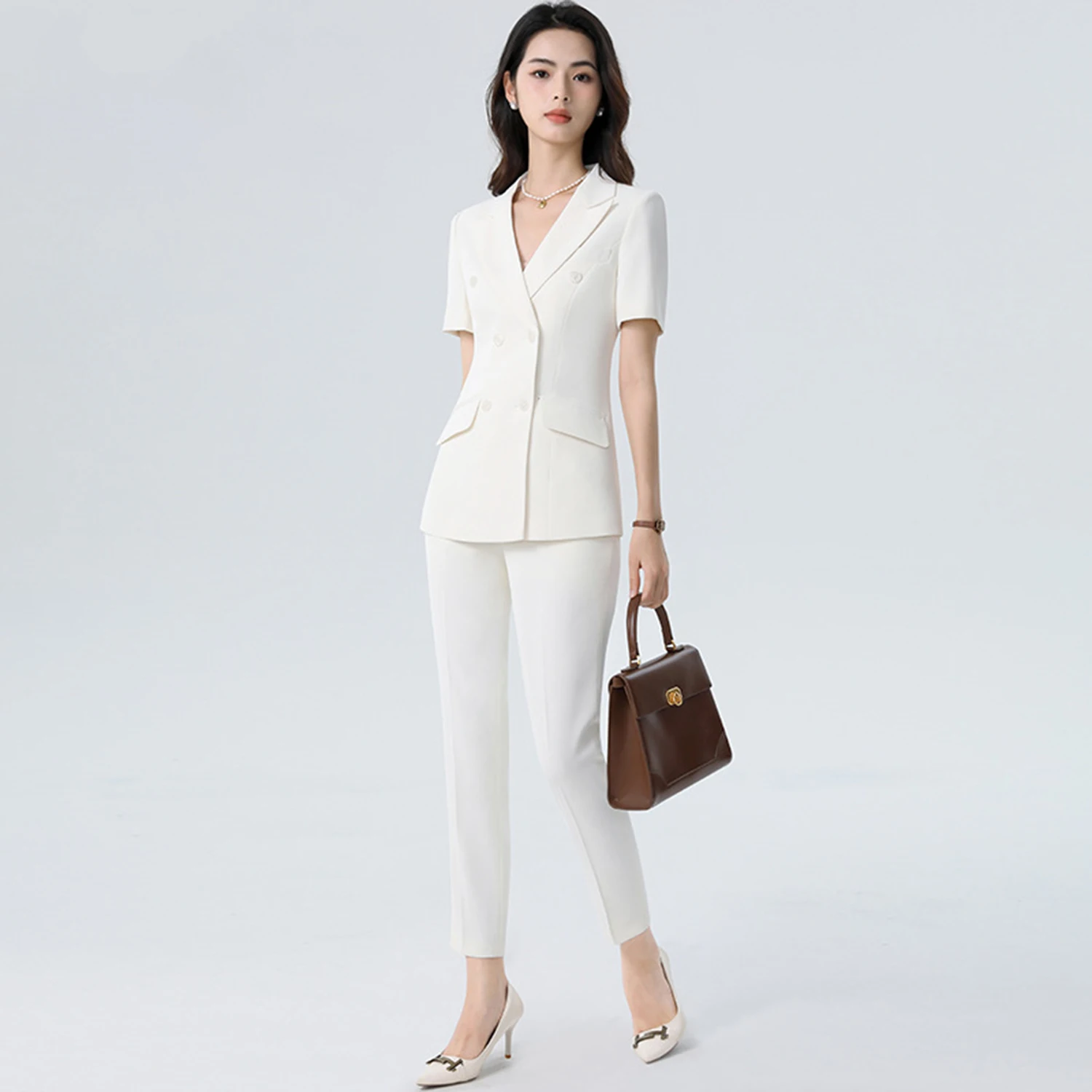 Allingentle White Women's Suit Slim Fit Pantsuit 2 Piece Suit Fashion Short Sleeve Blazer & Pants for Casual Office Customize